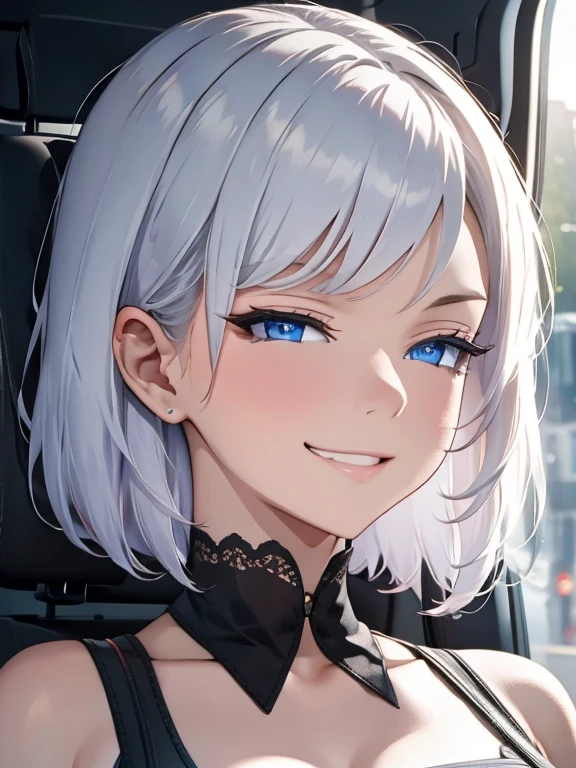 1girl, solo, (full body), The best masterpieces, (ultra-quality:1.32), (The ultra -The high-definition:1.4), (超A high resolution: 1.3),  HDR, studio lighting, vivid colors, physically-based rendering, silver short hair, blue eyes, Tsurime, scornful grin, separated lips, beat the viewer,