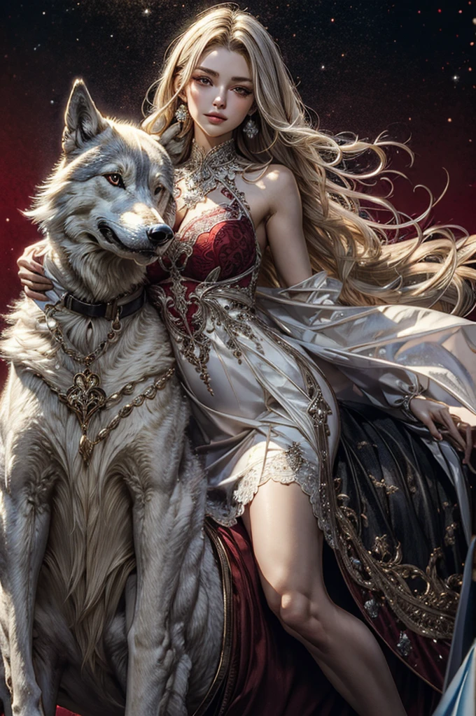 (masterpiece, best quality, Extremely detailed:1.2), 1 Girl, Perfect Curve, (g0ld3mb, Kaneko:1.1), (Sparkling Galaxy Dress:1.1), Long straight blond hair, Lace Hair, Wrapped in white silk, (Red background:1.2), riding wolf  