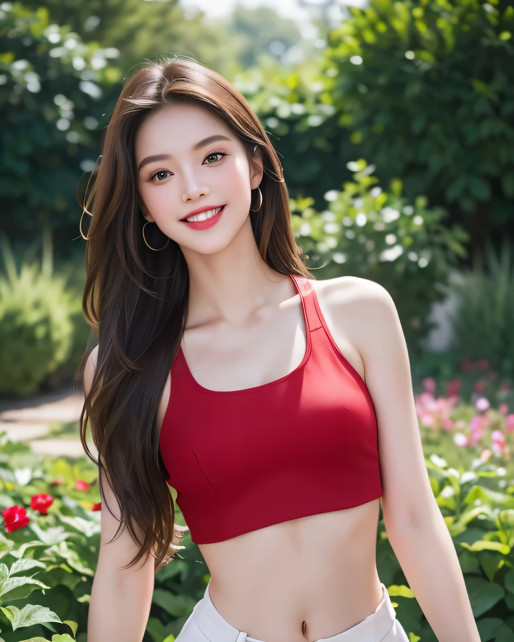 Ultra HD resolution，artistic photos，Professional candid Photography，(( very cute gilong brunette hair, cold ultra realistic skin, wearing a crop top,)), ((posing like a super-model at a Garden, )), smiling at viewer, captivating eyes, natural red lips, attention to detail.