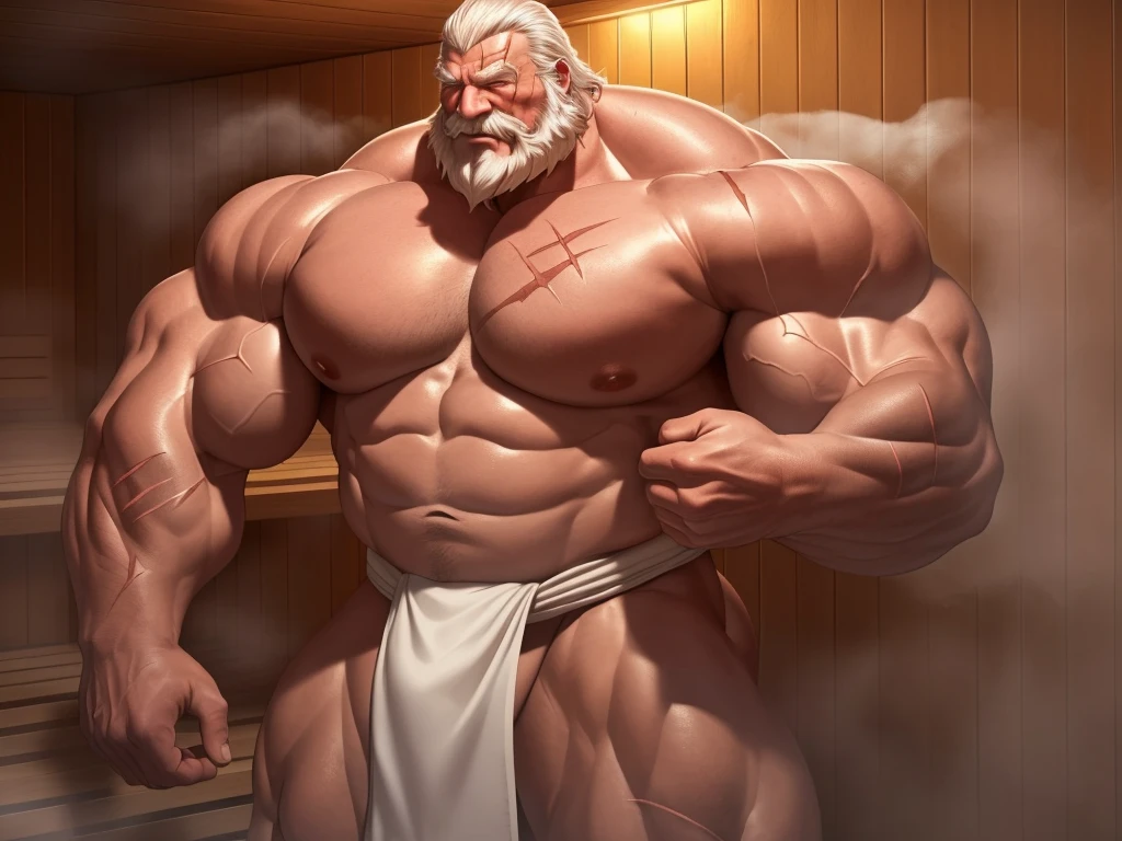 huge muscular old man soaking in an sauna, white and short hair, white beard, old, old man, grandpa, , huge scar on chest, , (huge muscular), steam, detailed muscles, 8k, masterpiece:1.2, anime, white fundoshi:1.2, highly detailed full body, (( huge pec, hyper pec, bigger chest, extremely wide pectoral, hyper chest, really big muscle, massive muscular, sixpack, thick arms, wide pectoral, super huge muscle, huge shoulder, hyper muscular, floating steam, over sized muscle, huge arms, big arms, huge pectoral)), rich colors, landscape, soft ambient lighting, wrinkled skin, happy expression, peaceful relaxation
