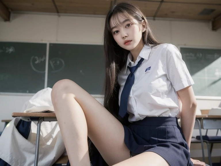 (Best quality,4K,8K,A high resolution,Masterpiece:1.5),Ultra-detailed,Realistic,Photorealistic:1.37,Portrait,Girls' uniform,,Blue button-down shirt,beautiful detailed skin,Long silver hair gradually transitions to blue highlights,fightingpose,Shorts,Knee-high socks,Motion capture