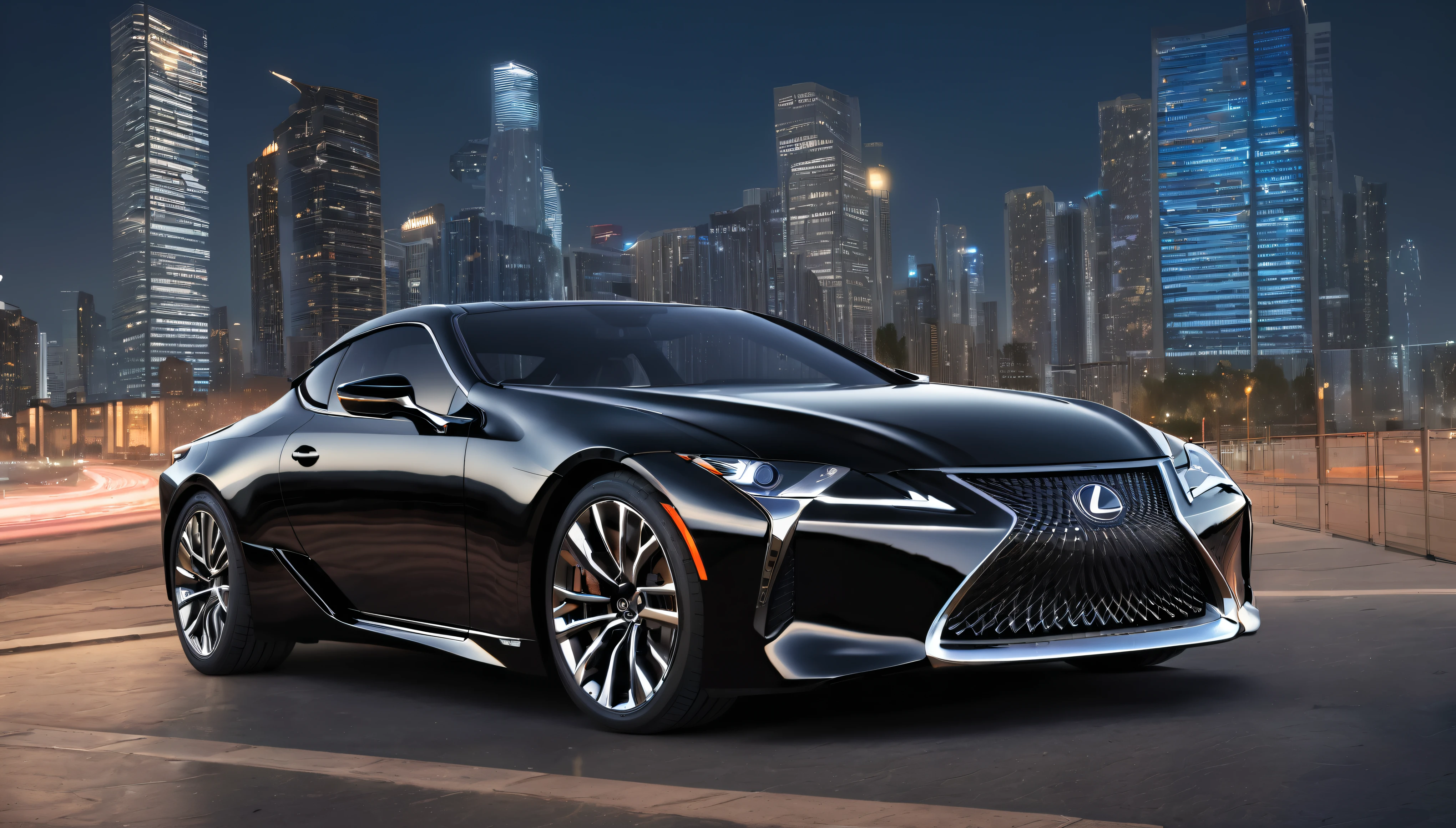 a luxury lexus lc500 car in a modern city landscape, detailed exterior of the car, sleek and shiny black body, reflective windows, urban skyscrapers in the background, dramatic lighting, cinematic atmosphere, photorealistic, 8k, maximum detail, trending on artstation