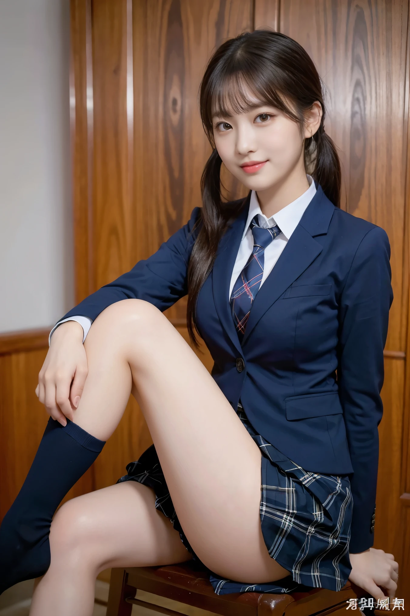 (8K), (highest quality: 1.2), (realistic), (realistic: 1.37), ultra high resolution, (1 girl), cute, smile, closed mouth, beautiful details, beautiful nose, twin tail hair, giant dulcefo, pork, thighs,self snap,University Student Uniform,(A simple navy blue blazer),pleated skirt,(The skirt and tie are tartan check pattern:1.3),(sitting:1), sit on ,from the front, shiny legs, needs