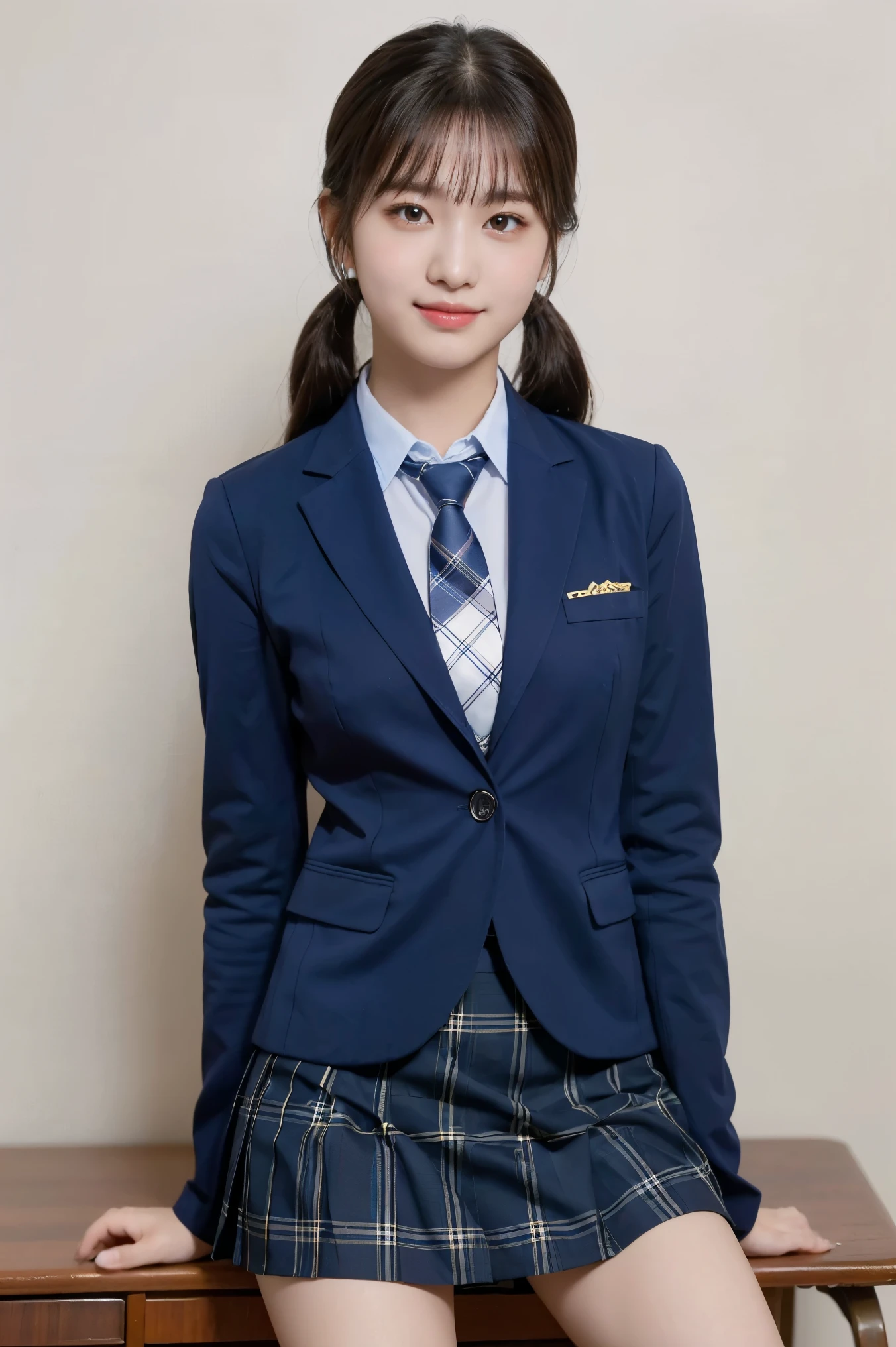 (8K), (highest quality: 1.2), (realistic), (realistic: 1.37), ultra high resolution, (1 girl), cute, smile, closed mouth, beautiful details, beautiful nose, twin tail hair, giant dulcefo, pork, thighs，self snap,University Student Uniform,(A simple navy blue blazer),pleated skirt,(The skirt and tie are tartan check pattern:1.3),(sitting:1), sit on ,from the front, shiny legs, needs 