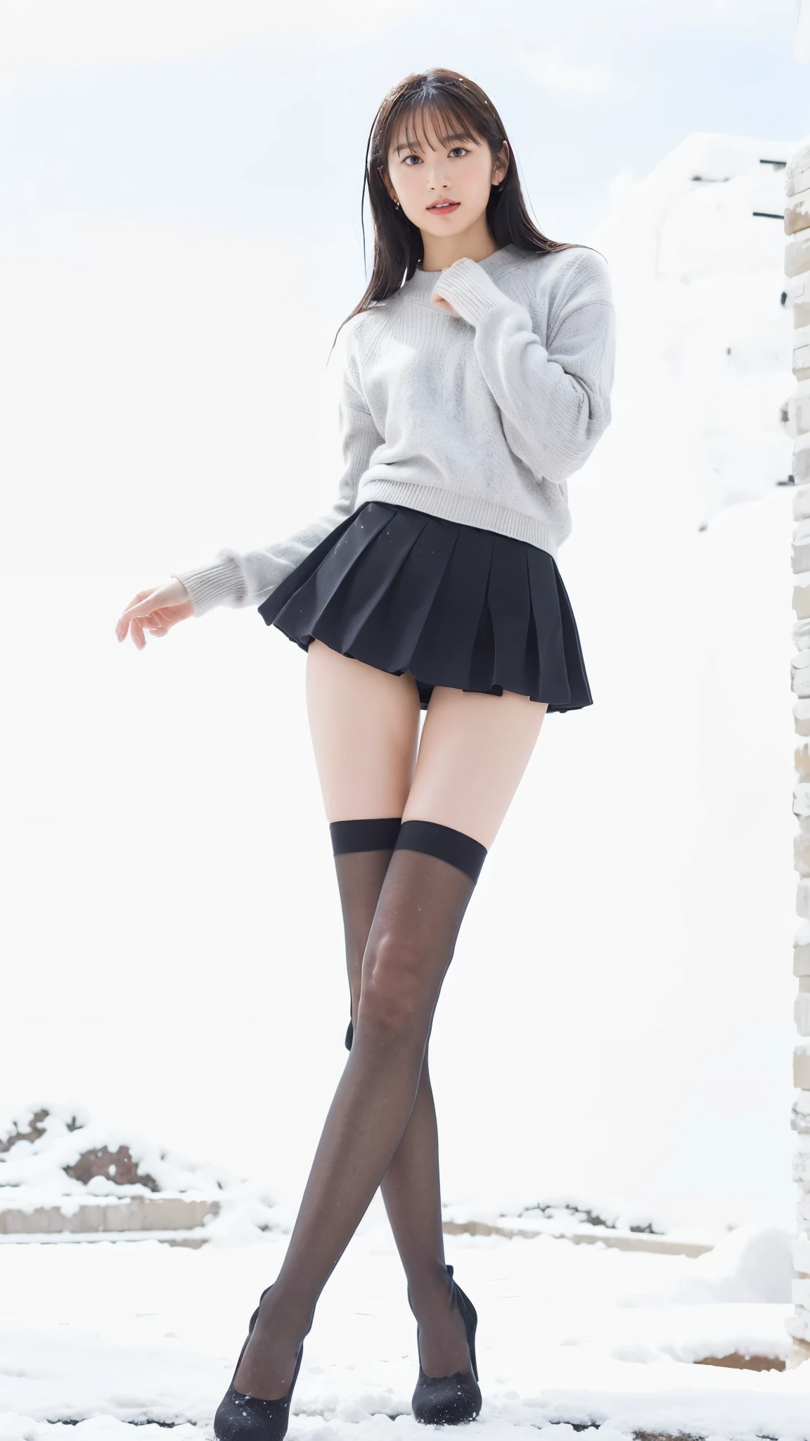 Japanese woman, beautiful face,、Long black hair,, White sweater、Micro mini skirt beautiful legs, bare legs, Black knee-high socks、Black heels,Model Pose、heavy snow、Snowstorm、Strong winds