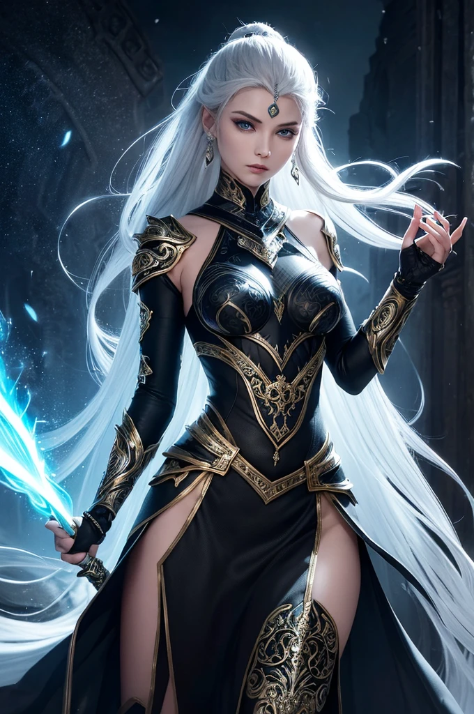 A regal, mystical warrior woman stands proudly, her majestic silver hair cascading down her back like a river of moonlight, framing her elegant face and prominent cheekbones, with glistening green eyes that shimmer like emeralds in the sunlight, piercing through the darkness. Her smooth, porcelain skin has a subtle, golden undertone, hinting at her otherworldly heritage. Clad in dark, supple black leather armor, adorned with intricate, swirling silver patterns that evoke ancient mysticism, she exudes an aura of quiet confidence and unyielding power. In one hand, she grasps a glowing, iridescent orb that pulsates with soft, ethereal light, while the other hand firmly holds a magnificent, glistening silver long sword with an ornate, curved hilt, its blade etched with mysterious runes that seem to whisper secrets to the wind. 