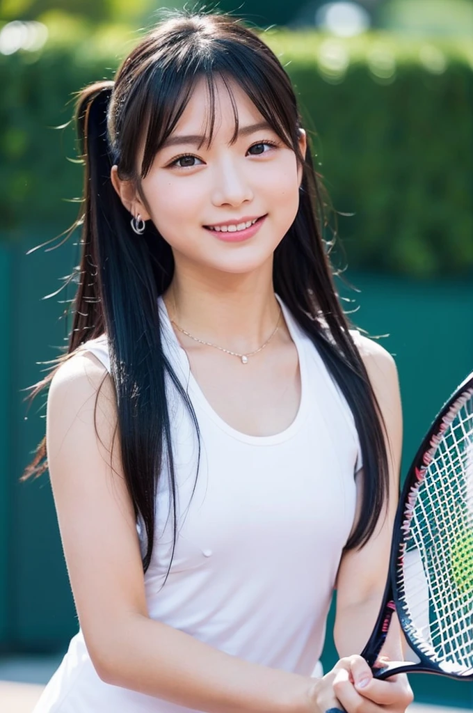 8K、High definition、Ultra Detail、Photorealistic、Realistic and accurate depiction、Realistic and accurate human anatomy、High resolution、Highest quality、Japanese beautiful girl、Highest quality, masterpiece, 超High resolution, (Realistic:1.4), RAW Photos, Girl playing tennis, , The most famous Japanese idols, playing tennis at tennis court, cuteデザインのテニスユニフォームを着て, 非常に美しいBlack Hairのショートカット, 最も人気のある日本のアイドルのような非常にcute顔, ((Very beautiful big black eyes)), Very beautiful skin, Very beautiful body, Dynamic Pose, An innocent smile, cuteデザインの詳細なテニスユニフォーム、Natural Makeup、Perfect Skin、Charm、Active、Black Hair、cute、The ultimate beautiful girl