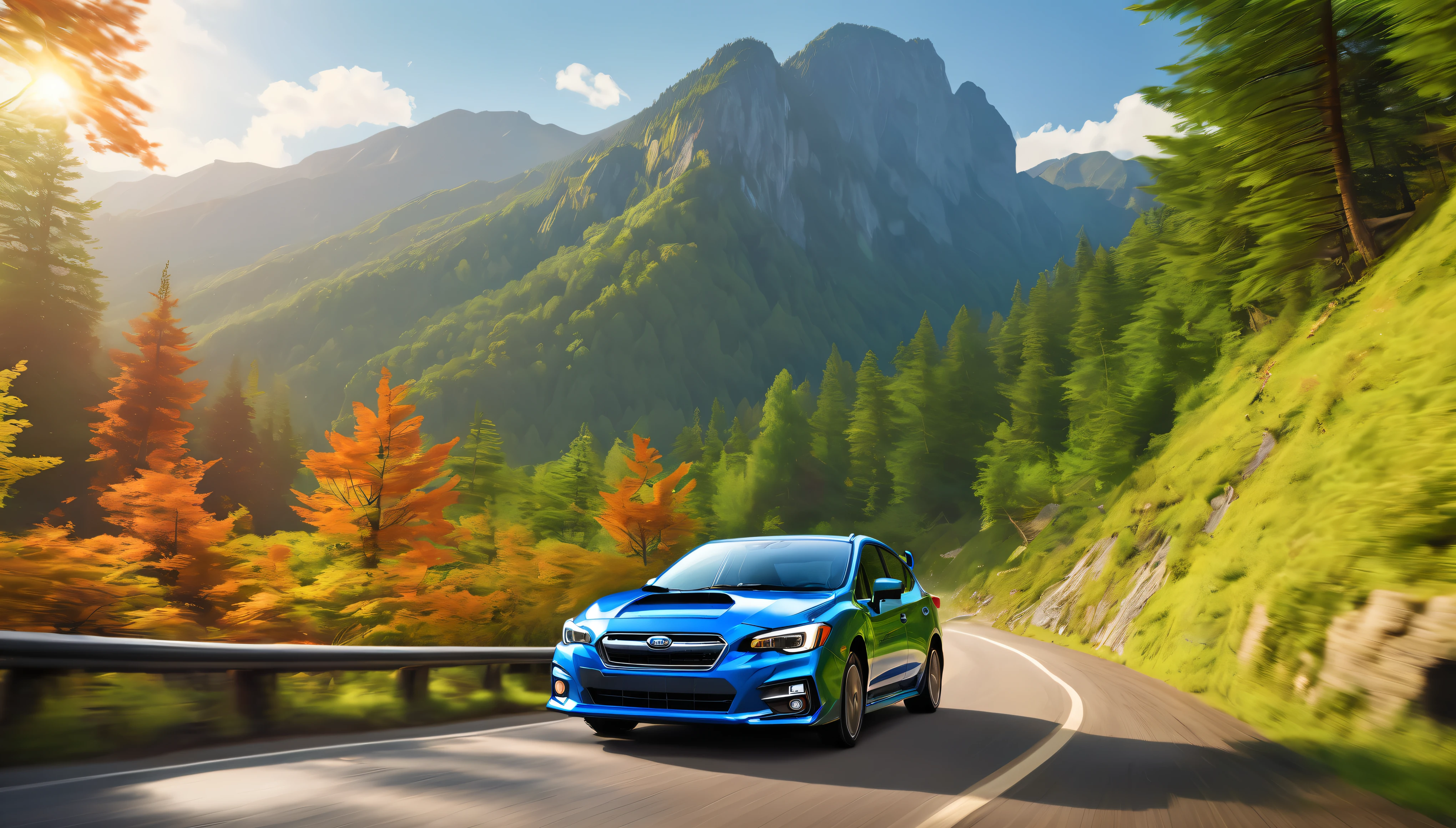 a detailed illustration of a subaru impreza driving on a winding mountain road, extremely detailed car, intricate details of the car's exterior, dynamic motion blur, dramatic lighting, epic cinematic composition, stunning scenic backdrop, lush green forests, rugged cliffs, (best quality,4k,8k,highres,masterpiece:1.2),ultra-detailed,(realistic,photorealistic,photo-realistic:1.37),vivid colors,dramatic lighting,cinematic composition,highly detailed car,dynamic motion blur,stunning scenery,lush forests,rugged mountains