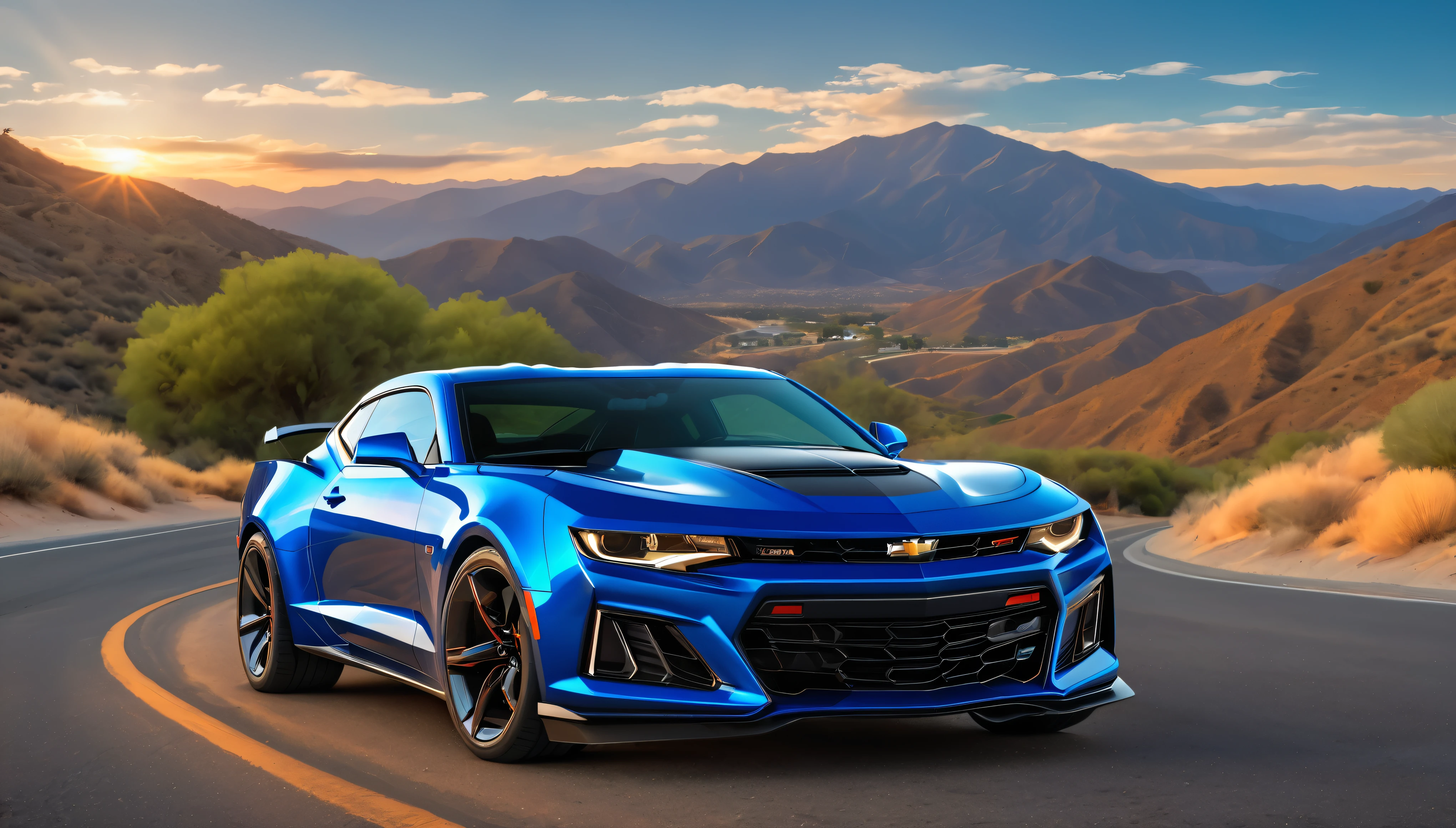 a sleek chevrolet camaro in a picturesque california landscape, dramatic lighting, cinematic composition, vibrant colors, detailed car exterior, smooth reflections, scenic mountains, winding roads, dramatic sky with clouds, sun rays, photorealistic, 8k, hyper detailed