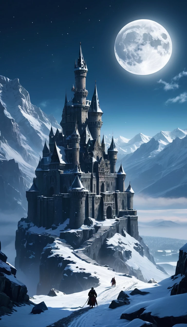 """"An ancient huge castle made of stone and ice 700 feet high, dilapidated, with crumbling towers of black stone against the background of a giant icy sheer mountain to the sky. The full moon illuminates the stage, casting long shadows. winter landscape, fog