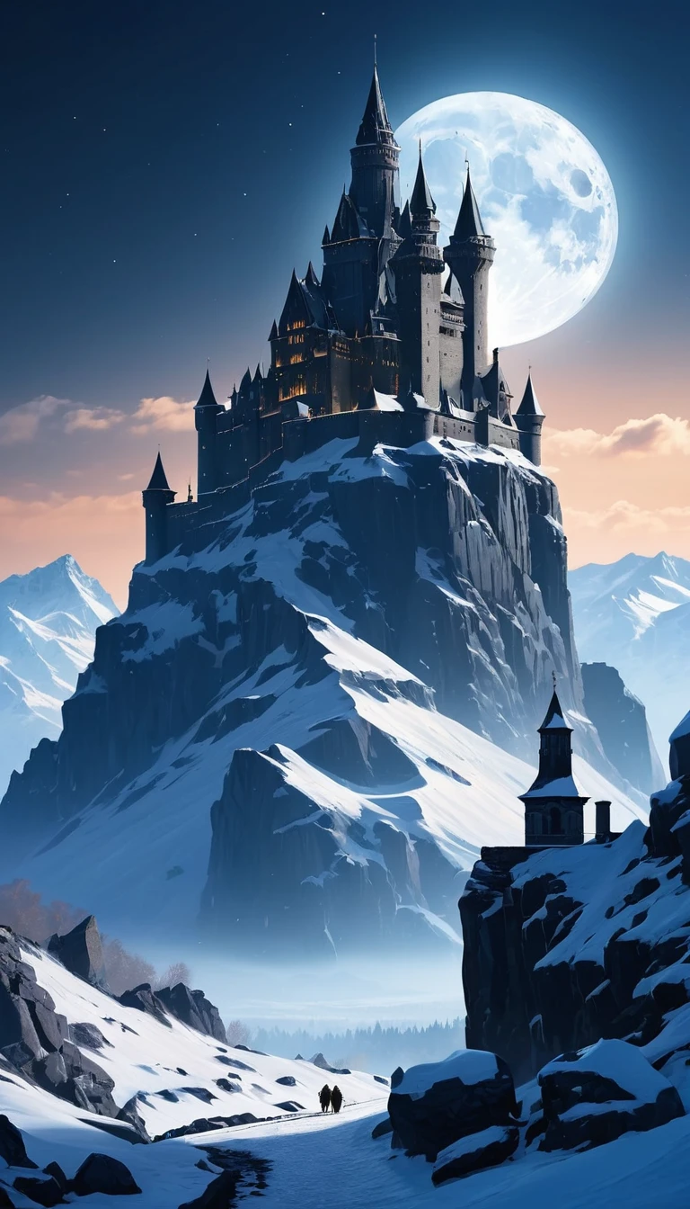 """"An ancient huge castle made of stone and ice 700 feet high, dilapidated, with crumbling towers of black stone against the background of a giant icy sheer mountain to the sky. The full moon illuminates the stage, casting long shadows. winter landscape, fog