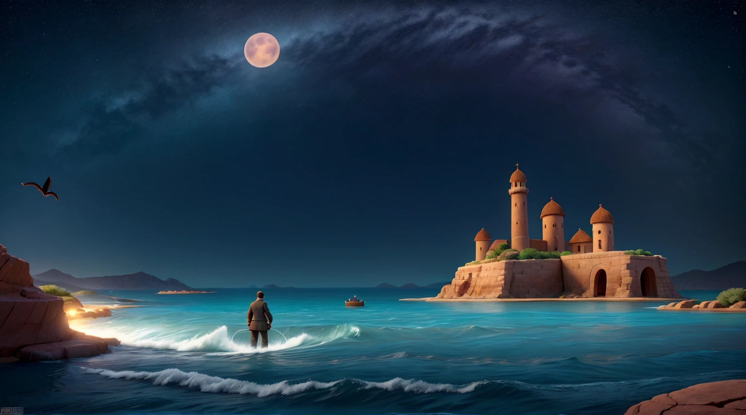 In this image, a cartoon man is in a vast expanse of the Red Sea at night, with dramatic moonlight casting eerie shadows. In the foreground, Moisés, a strong, determined biblical leader with a staff, stands on the shore. Behind him, thousands of Hebrews in ancient attire move towards the sea, looking back in fear and hope. forming two massive walls of water, creating a miraculous path of dry land. The scene is filled with tension and anticipation, close vision, disney pixar style character poster