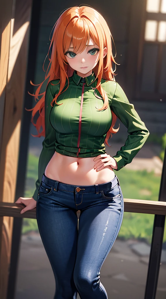 1girl, Best quality, masterpiece, cowboy shot, orange hair, green eyes, tight clothes, barn, wet, green checkered shirt, working, sexy, short jeans skirt, mid , cow print clothes:1.5, seductive, provocing, masterpiece, (dynamic angle:1.2), (dynamic posture:1.2), general plan, daylight, (best quality), (erotic), (ultra detailed), (16k, 8k, complex),(full body photo: 1), (focus on hips:1.2)