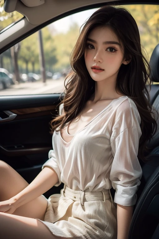 Top quality, RAW Photo, Highest Quality Image, 16K, Full body, Age 22 years old, Realistic, Photorealistic,  Beautiful Asian woman, Sexy, body, White pale skin, Beautiful hair, Wavy hair, Brown Hair,, Short hairstyle, Detailed face, Detailed body, Detailed skin, Double eyelids, Big eyes, long eyelashes, bright eyes, green eyes, natural lips, detailed lips, Saggy breasts, Very Small breasts, Flat Breasts, long shape breasts, posing in her car, sunny day light , light through Aspen trees, wearing white shirt, Camera angle from below