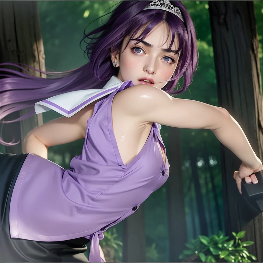 realistic, masterpiece, cinematic lighting, 8K, real life, real image details, intricate details, perfect color details, high brightness, medium contrast, hair shape details, eye image details, face shape details, real shining skin, a beautiful girl, 12 years old, long purple hair, middle bangs hair type, very neat hair shape, oval face shape, face blush, thin purple eyebrows, purple eyes, pink lips, open mouth, sighing expression, short purple collared sleeveless shirt, open buttoned shirt, sexy body, wet body, showing big chest, nipple, arms smooth upwards, smooth armpits, 5 perfect fingers, black shorts