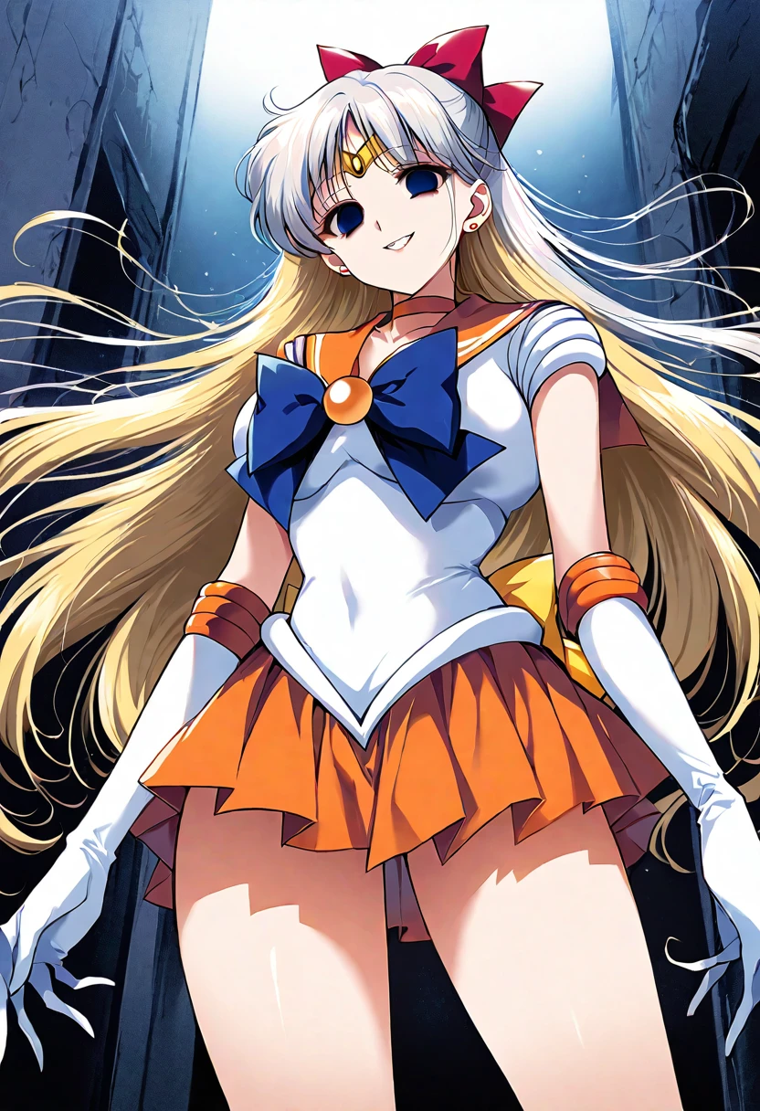 (masterpiece, Highest quality, so beautiful, Super detailed), Intricate details, 12k, Honestly,aavenus, long hair, blonde hair, hair bow, tiara, earrings, Blue eyes, orange choker, orange sailor collar, blue bow, white shirt, elbow gloves, white gloves, pleated skirt, Orange Skirt, bare legs, standing, Cowboy Shot,,(evil smile:1.2), 1girl,(Silver Hair:1.4),(empty eyes,:1.4),from below,looking dawn,dark aura,View your viewers,Big Breasts