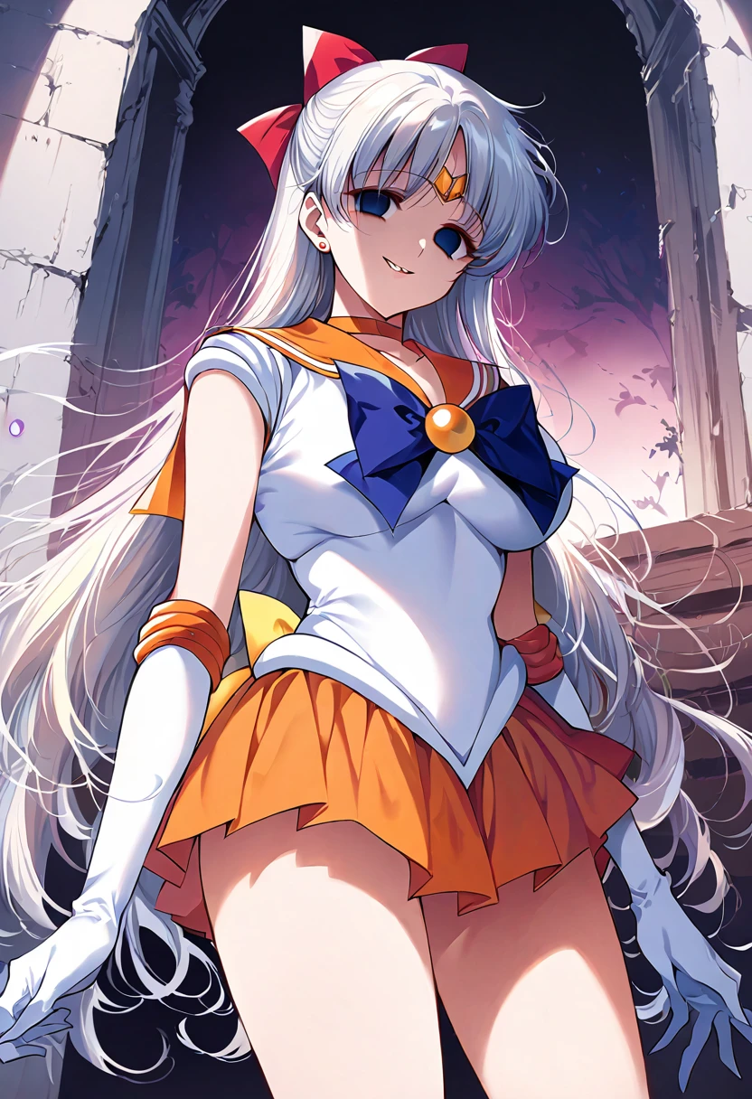 (masterpiece, Highest quality, so beautiful, Super detailed), Intricate details, 12k, Honestly,aavenus, long hair, blonde hair, hair bow, tiara, earrings, Blue eyes, orange choker, orange sailor collar, blue bow, white shirt, elbow gloves, white gloves, pleated skirt, Orange Skirt, bare legs, standing, Cowboy Shot,,(evil smile:1.2), 1girl,(Silver Hair:1.4),(empty eyes,:1.4),from below,looking dawn,dark aura,View your viewers,Big Breasts