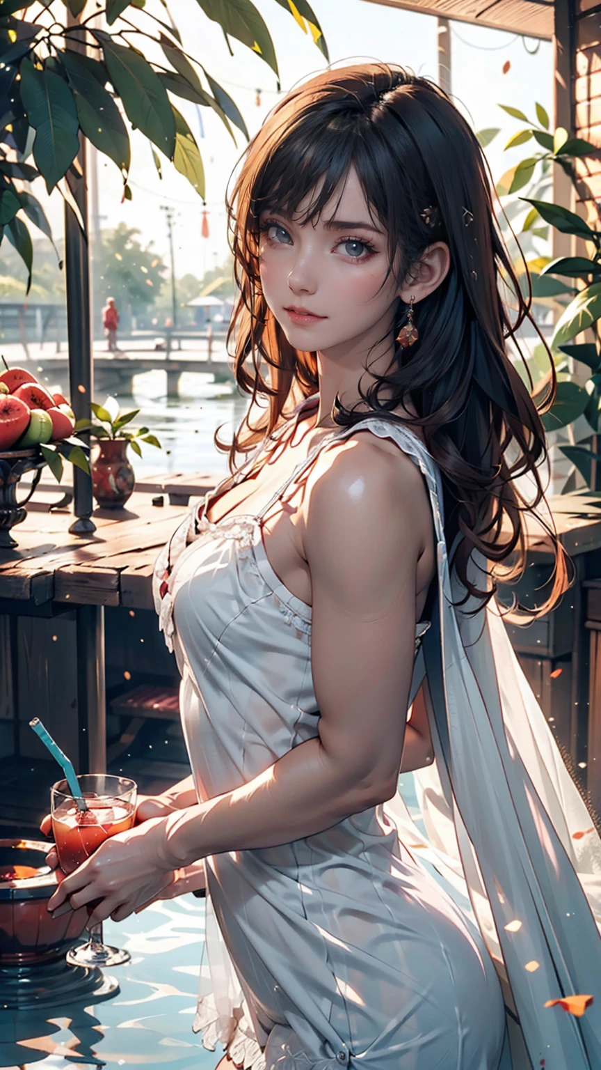 wallpaper, Poster, Drink, ice cube, watermelon, Tropical plants, Hot Weather, HD detailed, Moist watermark, Super detailed, movie, Hyperrealism, Soft Light, Deep Focus Bokeh, Ray Tracing, Spread (Ultrafine glass reflection) And Surrealism --niji 5、24-year-old female、Sheer chemise dress((chemise dress))、A sheer cape(Swaying in the Wind)、Vertical roll on one side((side drill))(Swaying in the Wind)
