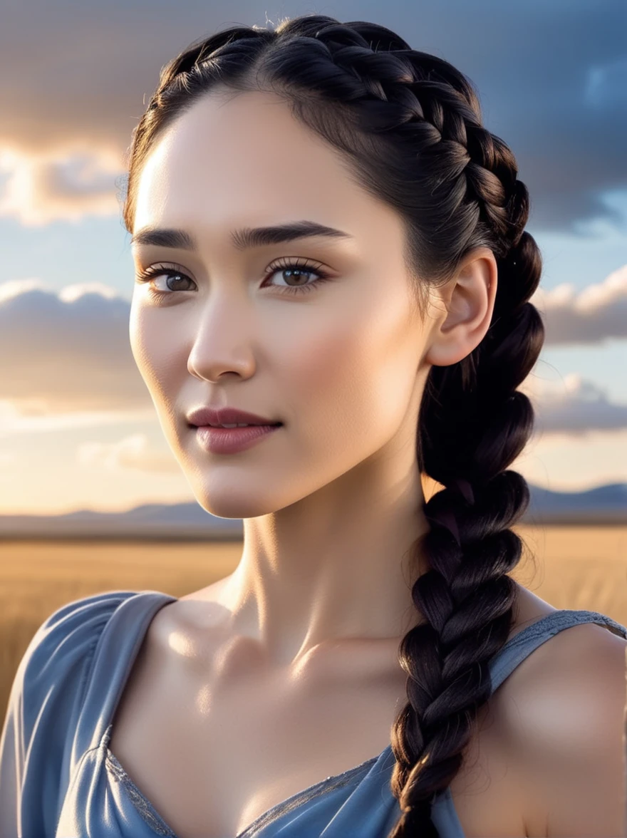 Christina Chong beautiful face, narrowed eyes. smirk. black braided hair elegant, golden hour, blue sky, clouds scenery, in a Quiet Cryogenic Plains