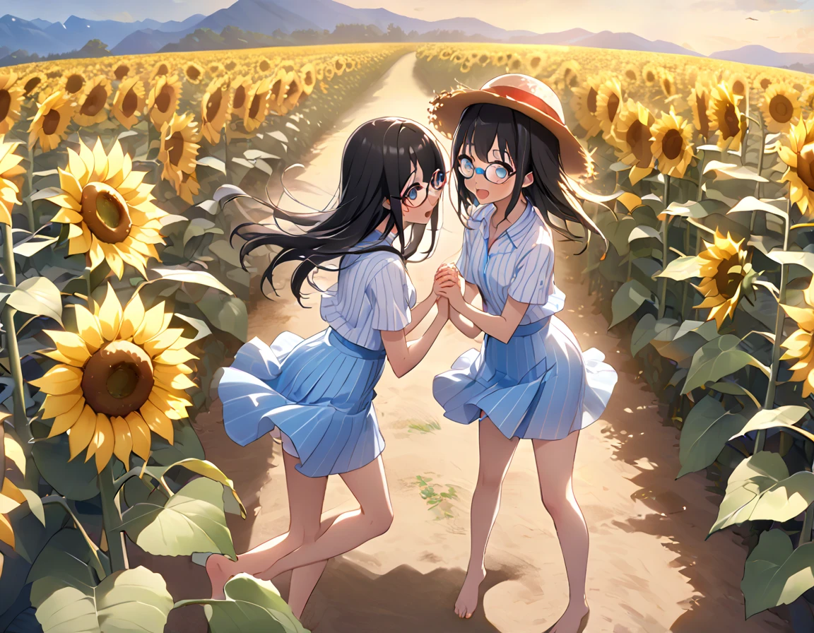 White and light blue striped shirt、Light blue long flared skirt、The wind blows and my skirt flips up、Showing off her cute white underwear、barefoot、Long Black Hair、Glasses、Straw hat、Sisters holding hands in a sunflower field