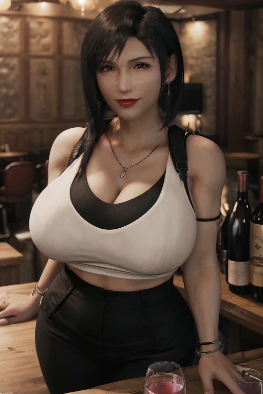 Tifa lockhart, implated Big breast, White tanktop with big cleavage,Game,1girl,wedding ring,Silver tag necklace,Hoopa earring,in the bar serving drink,Bracelet,Red lips,(Big cleavage),((black undercut bob hair)),Look at viewer,Curvy,Unnatural big breast,Cleavage,Purple color long nail,Swaying hip,Big hips,Plump,Bottle of wine,Super busty breast,Implanted breast,Enchanted Breast,Unnatural breast,Mature,1 girl,After birth body,lowrise pants