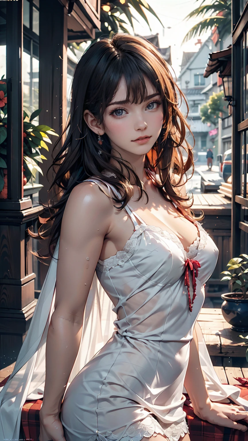 wallpaper, Poster, Drink, ice cube, watermelon, Tropical plants, Hot Weather, HD detailed, Moist watermark, Super detailed, movie, Hyperrealism, Soft Light, Deep Focus Bokeh, Ray Tracing, Spread (Ultrafine glass reflection) And Surrealism --niji 5、24-year-old female、Sheer chemise dress((chemise dress))、A sheer cape(Swaying in the Wind)、Vertical roll on one side((side drill))(Swaying in the Wind)