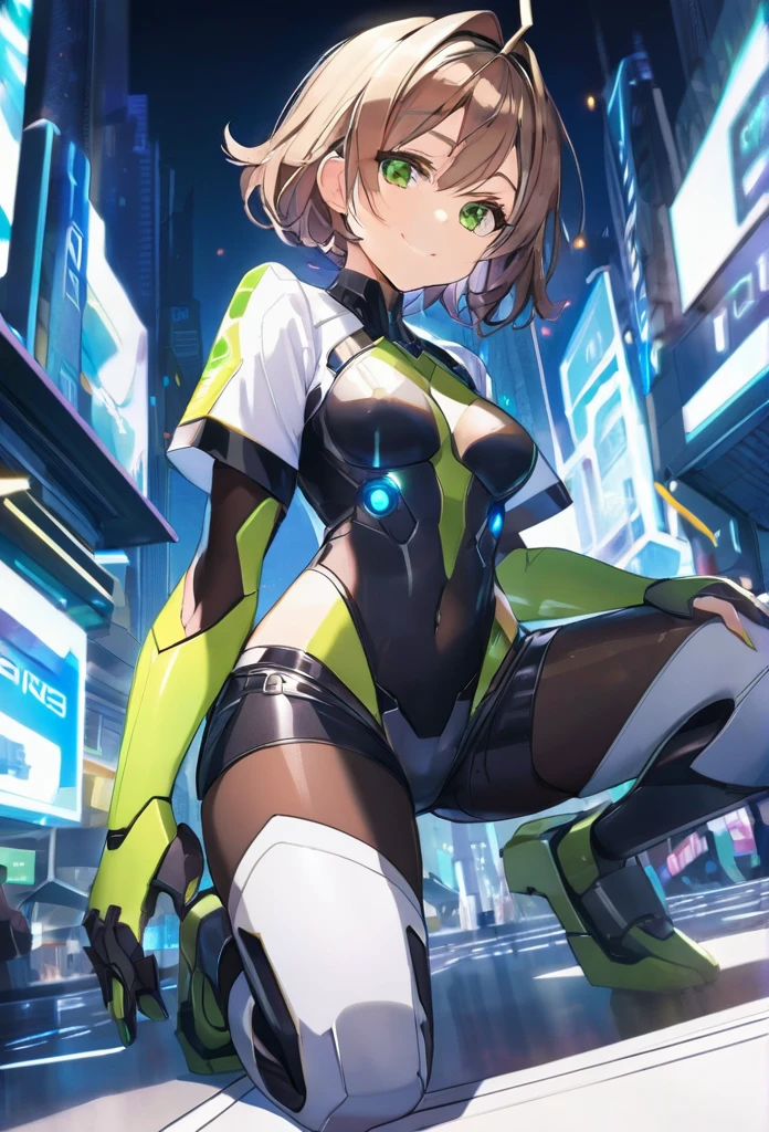 aile_megamanzx, kneeling with one hand on the ground and the other arm raised, 1girl, solo, short hair, brown hair, short sleeves, (bodysuit), robot ears, green eyes, (very_short_shorts:1.3), short sleeves, short over long sleeves, smile, in futuristic city, , high quality, medium_breasts,crotch, slouch,groin,dynamic_angle