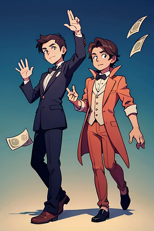Two men standing,Face to Face,The man on the left holds out his hand,Money in hand,The man on the right shakes his head,Waving,reject