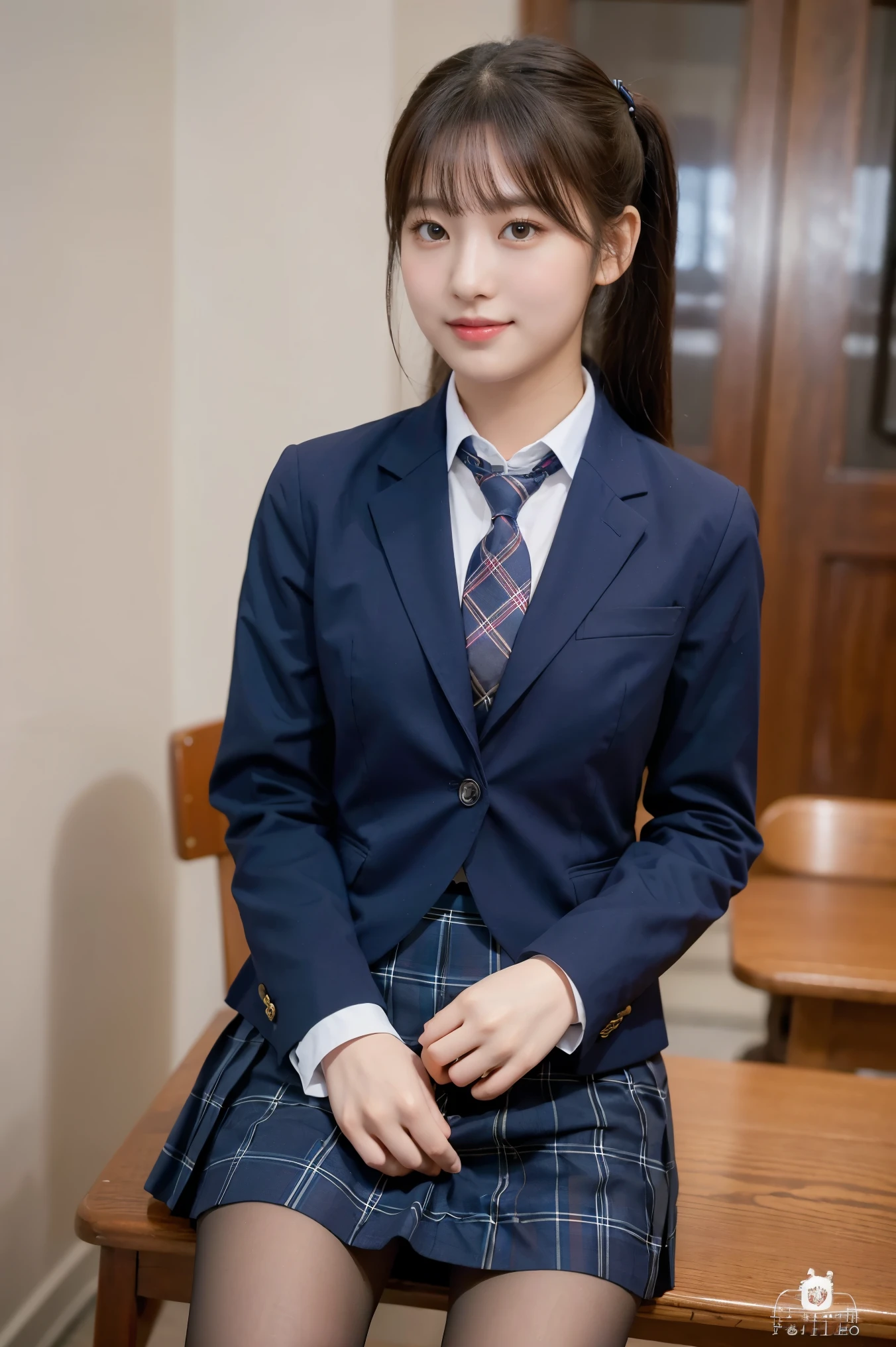 (8K), (highest quality: 1.2), (realistic), (realistic: 1.37), ultra high resolution, (1 girl), cute, smile, closed mouth, beautiful details, beautiful nose, twin tail hair, giant dulcefo, pork, thighs,self snap,University Student Uniform,(A simple navy blue blazer),pleated skirt,(The skirt and tie are tartan check pattern:1.3),(sitting:1), sit on ,from the front, shiny legs, needs