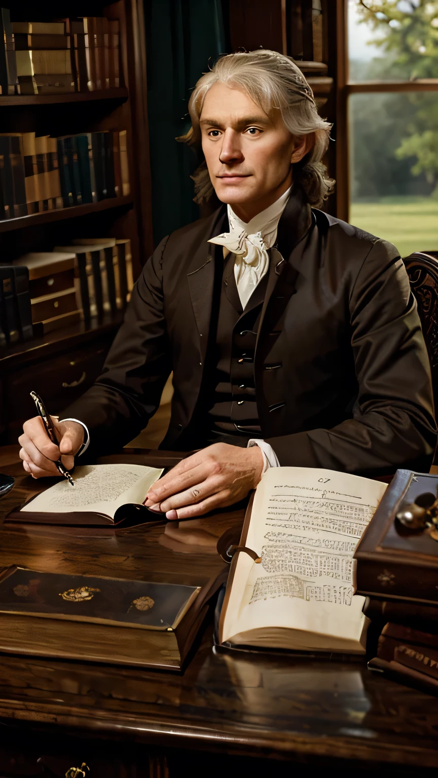 Design a striking portrait of Thomas Jefferson, the author of the Declaration of Independence, in his study. Picture Jefferson seated at a desk, quill in hand, with the Declaration partially written in front of him. Surround him with books, papers, and a globe, symbolizing his intellectual pursuits. The background could feature a window looking out onto Monticello, his Virginia estate. Ensure Jefferson’s expression reflects deep thought and vision, drawing viewers in. This engaging scene should evoke curiosity and admiration, compelling viewers to learn more about his pivotal role in shaping the nation by watching the video