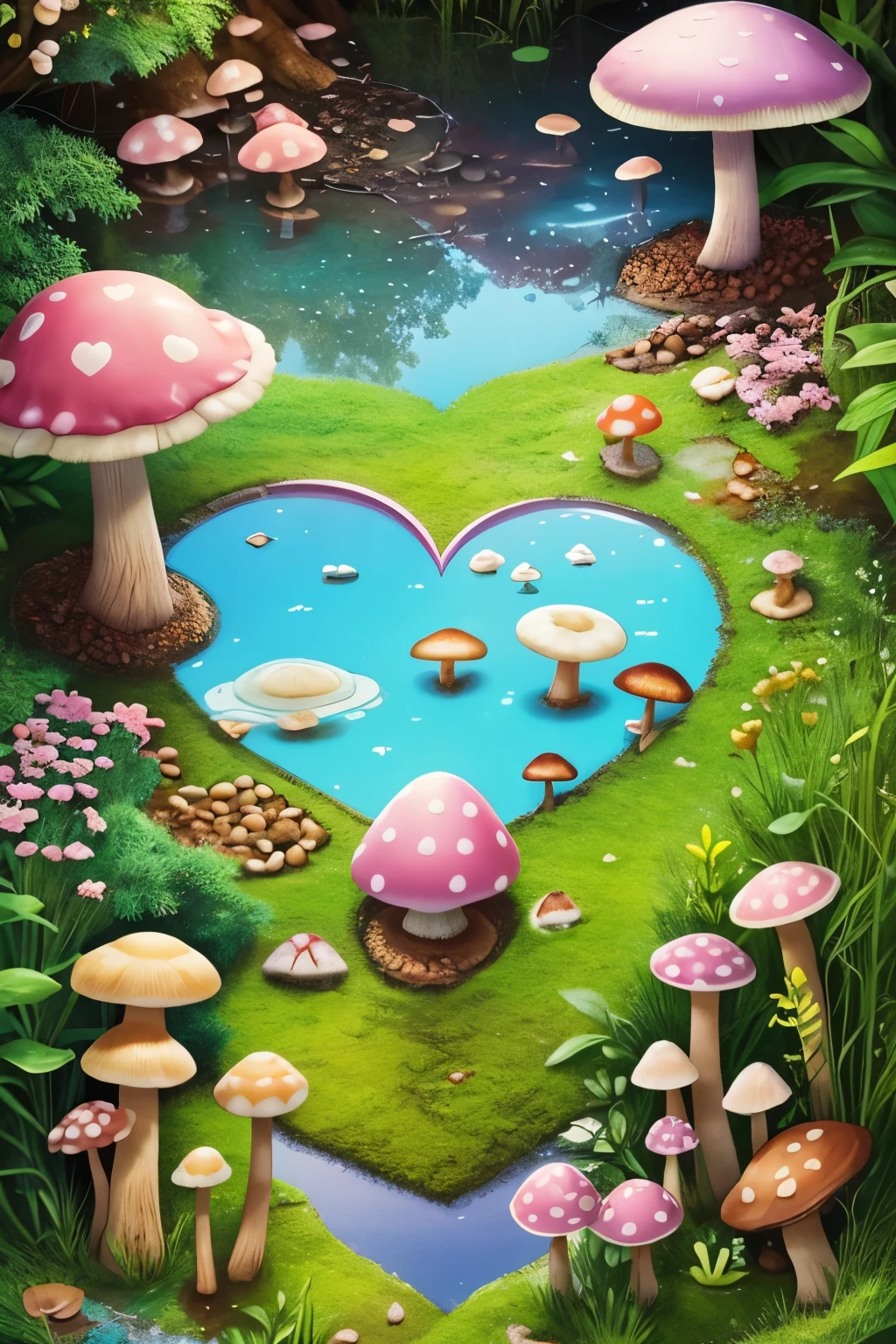 World scene in a heart shaped puddle of water:
Lovely forest world props:
There are colorful pastel colored mushrooms and acorns.