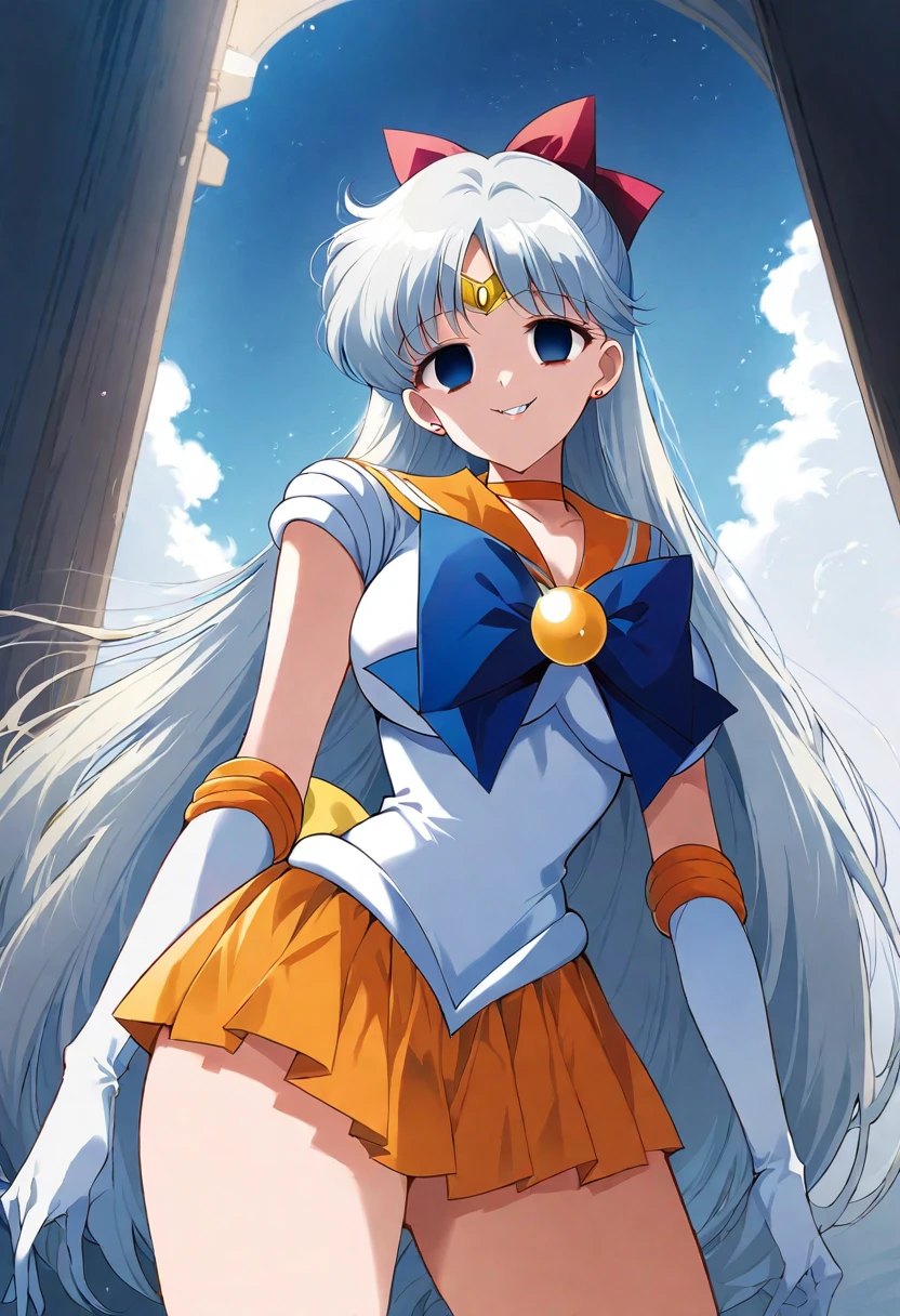 (masterpiece, Highest quality, so beautiful, Super detailed), Intricate details, 12k, Honestly,aavenus, long hair, blonde hair, hair bow, tiara, earrings, Blue eyes, orange choker, orange sailor collar, blue bow, white shirt, elbow gloves, white gloves, pleated skirt, Orange Skirt, bare legs, standing, Cowboy Shot,,(evil smile:1.2), 1girl,(Silver Hair:1.6),(empty eyes,:1.4),from below,looking dawn,dark aura,View your viewers,Big Breasts