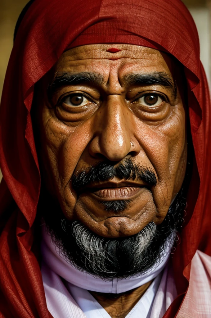 A picture of Sheikh Mujibur Rahman with his eyes and face tied with a red cloth