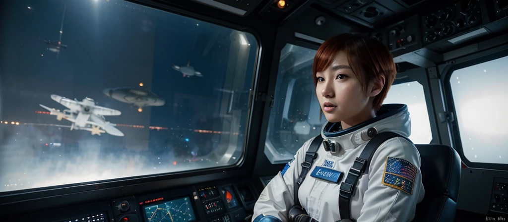 a young japanese woman with short red hair, wearing a pilot suit, sitting in an extremely narrow and closed mecha control room looking out the window, the window displays the space universe with a blue planet, the woman has an excited expression, high resolution,masterpiece, hyper-detailed, 1 girl, pilot suit, rich princess, mecha control room, space universe, blue planet, excited expression, mediumshot/medium long shot
