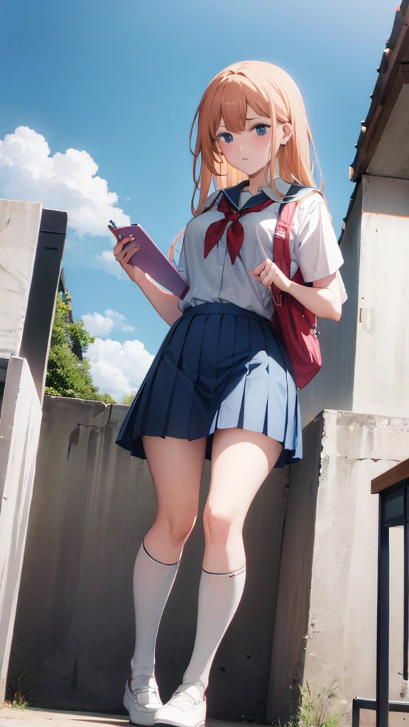 The little girl cocked her ass，Be red in the face， astonishment， （Shiny tights）， camel's paw， Bondonas， Thick thighs， full-body view， （（looking at viewert））， （（dynamic angle））， （（dynamicposes））， （（completo））， Look back， finely detailled， Realistic face， photorealistic eye， Tomoe Elementary School， Flower garden， sky， Pink schoolbag with hanging decorations， Look at the cat， ArtbyNoise， （（（perfectly shaded））， Best shadow， best illuminate，