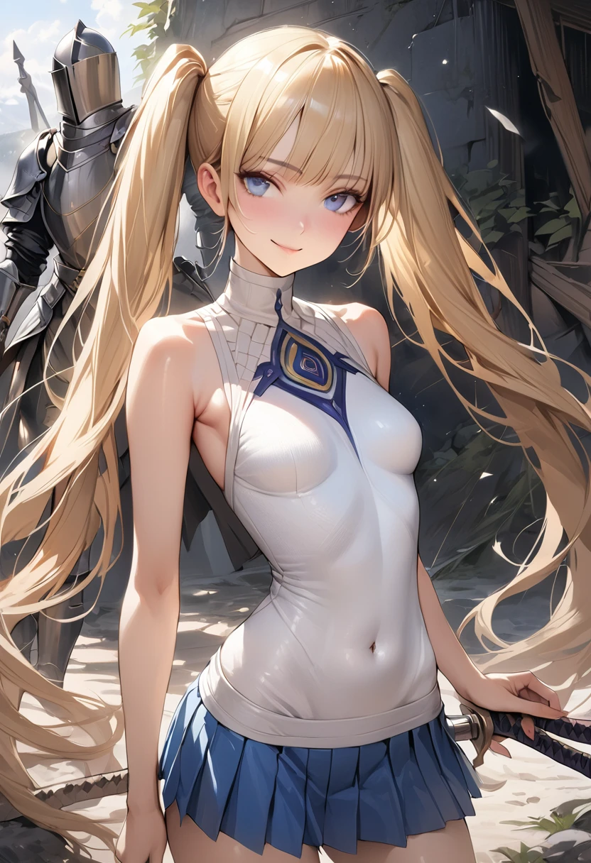 ((masterpiece,Highest quality:1.3,best quality illustration)),realistic,cowboy shot,1woman,female knight、(20 year old beauty),((very small head:1.4)),((ideal ratio body proportions:1.3)),blonde hair,twin tails,straight long hair,bangs,gorgeous eyes,Blue eyes,smile,(Sleeveless white knitwear、navel、Blue pleated mini skirt),((slender body,skinny)),small breasts,gleaming skin,shiny skin,grassland、battlefield、Sword and sorcery fantasy world、