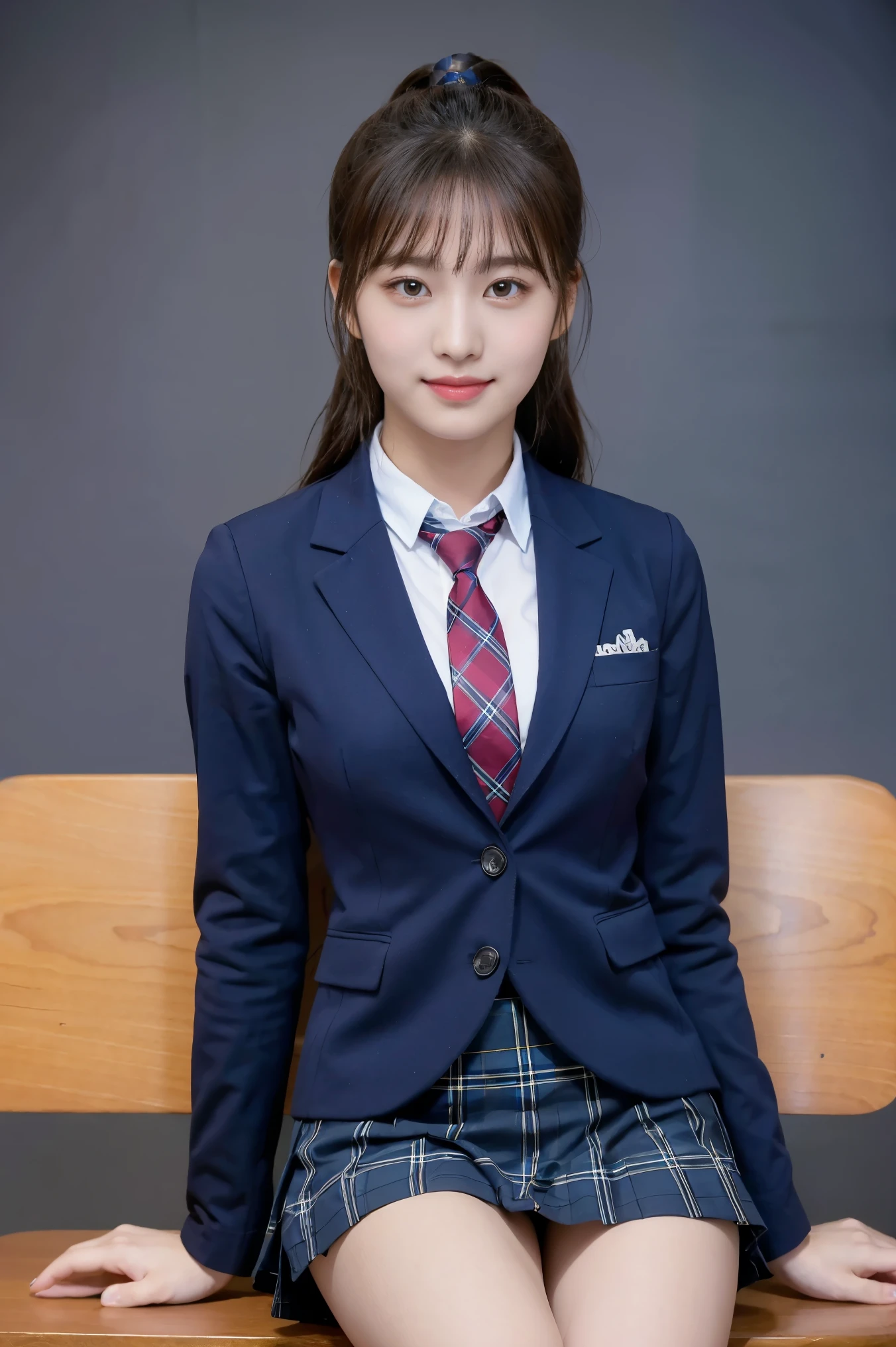 (8K), (highest quality: 1.2), (realistic), (realistic: 1.37), ultra high resolution, (1 girl), cute, smile, closed mouth, beautiful details, beautiful nose, twin tail hair, giant dulcefo, pork, thighs，self snap,University Student Uniform,(A simple navy blue blazer),pleated skirt,(The skirt and tie are tartan check pattern:1.3),(sitting:1), sit on ,from the front, shiny legs, needs 