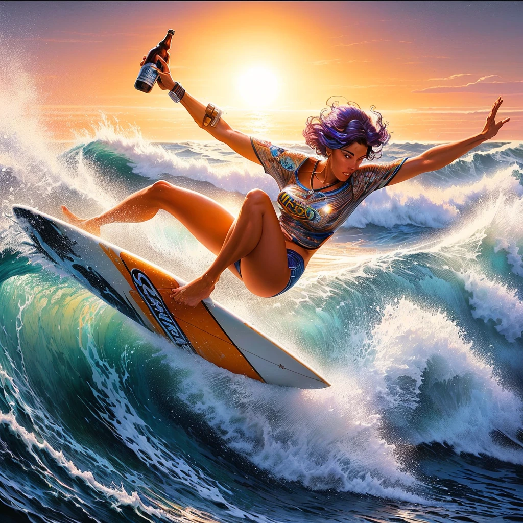 surfer in the ocean with a bottle of beer on her board, jim warren, style of tim hildebrandt, by Tim Hildebrandt, by Tim and Greg Hildebrandt, by Joe Jusko, by Greg Hildebrandt, greg hildebrandt highly detailed, rob mcnaughton, style of tim white, surfing, vapourwave, hildebrandt, by Eddie Mendoza