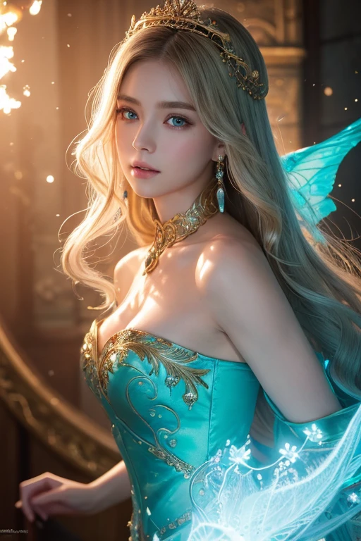 (masterpiece,Ultra-high resolution, high resolution, 8k, Octane, Intricate details)
This is a realistic fantasy art piece featuring a realistic Goddess of Light, Glittering ice crystals are falling, sparkling finely.,Beautiful fractal art,A faint swirl of smoke, And a beautiful middle-aged Scandinavian woman with a beautiful face,gloss々Her blonde hair, with lots of curls, flows dynamically, creating an interesting composition.。. Her face is expertly sculpted, Elegant and sophisticated features with perfect shading and realistic skin texture. Her upper body (Turquoise and gold eyes) is a wonderful thing、Her aura of light is the focal point of this image.. (Her eyes are extremely detailed, Beautiful attention to detail, macro). 彼女 eyes feature intricate detailing with clearly defined irises and bright sclera. She is wearing a long, covered dress with a classic pattern.,Long sleeve,詳細で宝stoneで作られたドレス,soft lips are smooth and very puffy, Her skin is pale flushed and adorned with gorgeous classical patterns.. 彼女 long gown is stunning and expensive, Made of pure ice and shining light,光の中できらめく華やかな宝stone. 彼女 billowing gown glitters from the flames and features a delicately and intricately embroidered bodice with wisps of flames running across it. Include fantasy elements such as bumps, stone, iris, silk, And an interesting background. Include magical creatures such as birds and butterflies that give off a magical and mystical aura.. Lighting: Enhance your artwork with the latest lighting trends. camera: Use dynamic composition to create tension and excitement. Take inspiration from current masters of the fantasy genre, Including popular artists on Artstation and Midjourney. ((masterpiece))