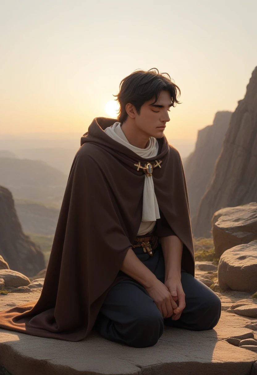 Jedi kneeling on rocky ground, with your flowing brown cloak. He has his hands joined in prayer, eyes closed and face turned to the sky. The soft light of the sun illuminates your face, highlighting his expression of devotion and hope. Ao fundo, the figure of Jesus is also kneeling, radiating a divine light. The scene conveys the idea that faith transcends borders and connects us to something greater.