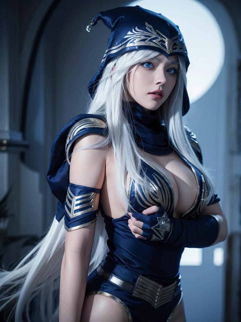 Ashe, white hair, blue eyes, hood, BULKY, big breasts, female,  LoL