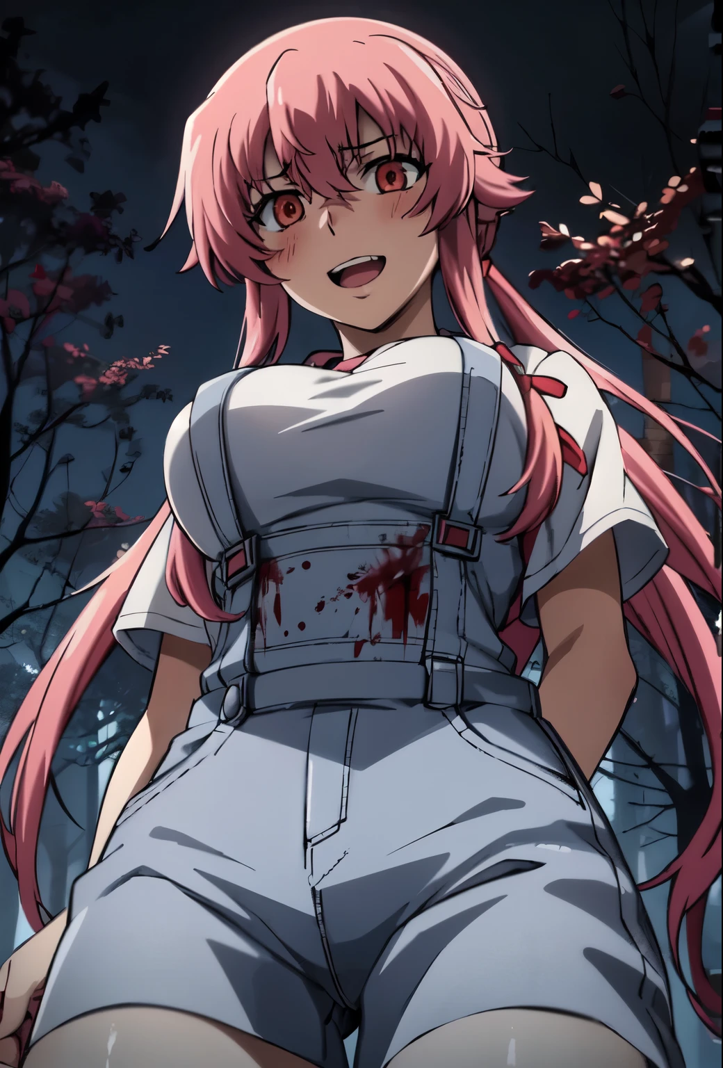 Dark and eerie digital art illustration of Yuno Gasai wearing black grey overalls and black boots. She has large breasts and stands in a spooky forest at night, looking at the viewer from a below viewpoint. Her clothes are stained with blood, and blood drips from the machete she holds in her left hand. The image features a haunting color palette with deep shadows and ominous lighting, creating a chilling atmosphere. The artist employs detailed brush strokes to convey the sinister mood, using a wide-angle perspective to immerse the viewer in the scene. This haunting artwork is created by a skilled digital illustrator using a graphics tablet and software like Adobe Photoshop, with realistic details that evoke a sense of unease.., uncensored, gasai_yuno,laughing,blush, Yuno, ultra detailed, best quality, photorealistic, high quality, cinematic, realistic, shadows, detailed body, blood, blood splatter, friday the 13th art style, (Evil_eyes), angry, MangaHentaiStyleConceptv2