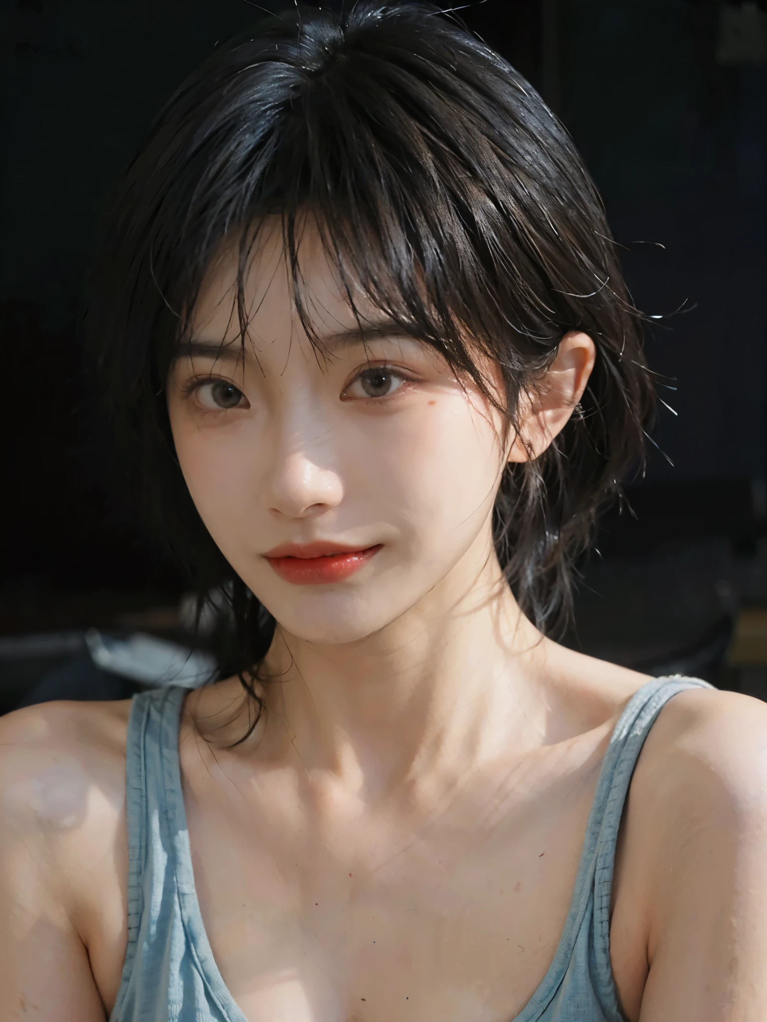 (Skin details:1.4), (smooth skin textures:1.3), (Upper body:1.4),(Upper Body:1.3)Lipstick, background, earrings, serene, calm, (Realistic and detailed eyes:1.2), Natural skin texture, Realistic facial details, Soft dramatic lighting, Vivid details, 35 mm film, outdoor, (Photo Practical:1.4), (hyper Practical:1.4), (Practical:1.3), (Smoother lighting:1.05), (Improve lighting quality:0.9), (Highest quality real skin textures:1.4), Exquisite eyes, Delicate face, Close-up of face, (Enhance the beauty of skin texture:1.1), Hair details,(Large Breasts:1.3)normal body ratio, short hair, Moles under the eyes, A faint smile,Portrait Photography, Depth of Field, Bokeh, Surrealism, Ray Tracing, (Portrait Photography:1.1), Surrealism, High Detail, Chiaroscuro, Ray Tracing, reflected light, Ultra HD, Ultra HD, masterpiece, Textured Skin, Super Detail, High Detail, high quality, best quality