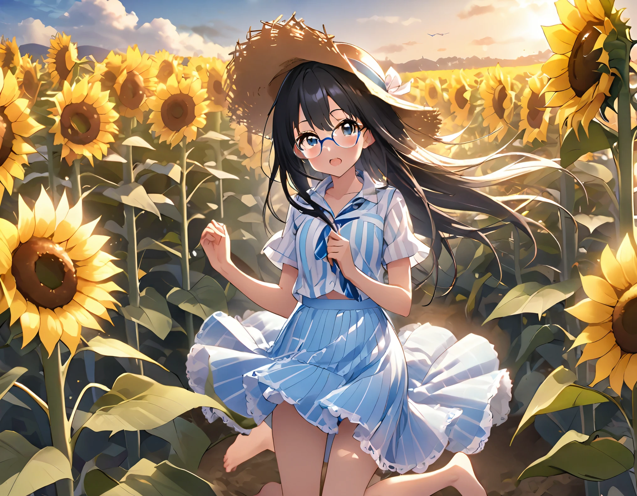 White and light blue striped shirt、Light blue long flared skirt、The wind blows and my skirt flips up、Showing off her cute white underwear、barefoot、Long Black Hair、Glasses、Straw hat、Sisters holding hands in a sunflower field