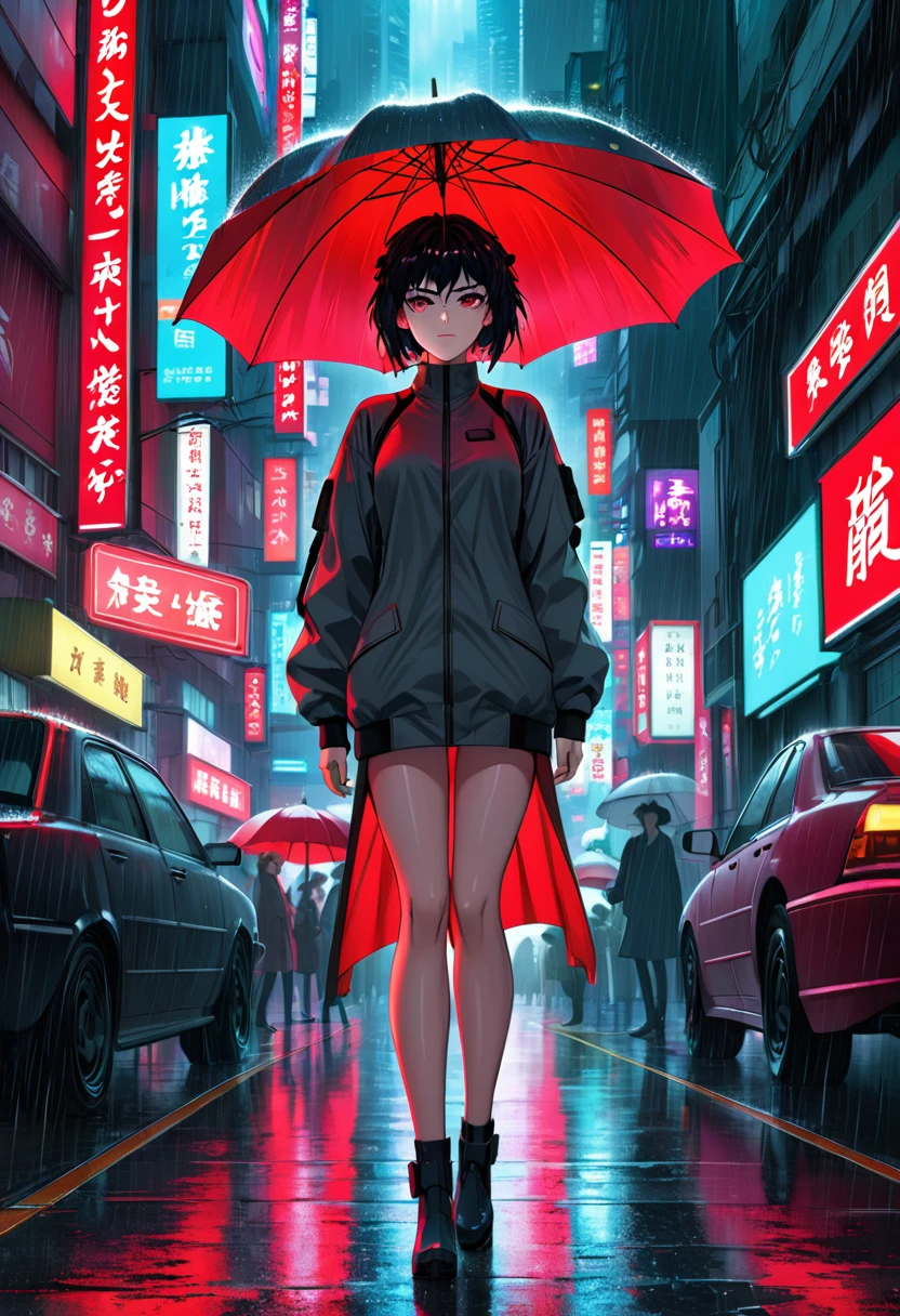 Anime art of ghost in the Shell, detailed scene, red, perfect face, intricately detailed photorealism, trending on artstation, neon lights, rainy day, stunning full body anime art