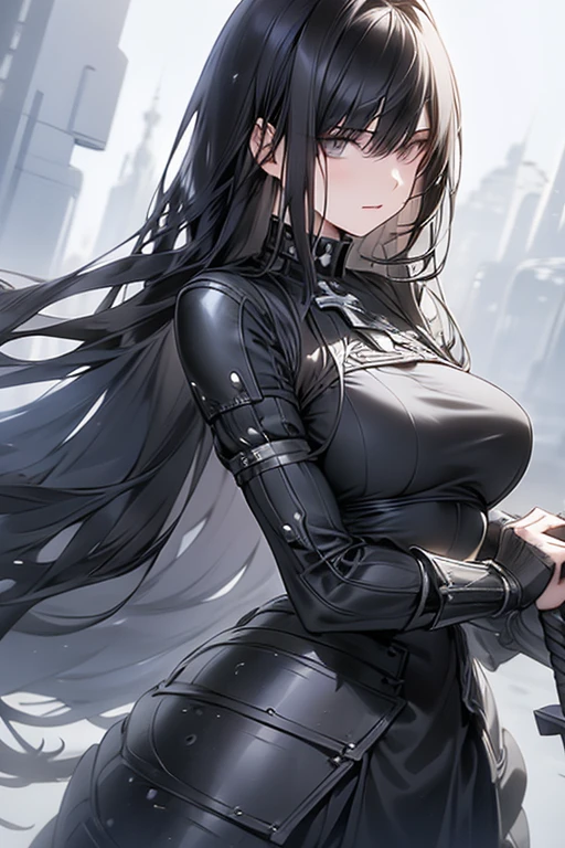 A beautiful girl with long black hair, holding a longsword, wearing an armored dress, large breasts, masterpiece, best quality, (realistic:1.37), (photorealistic:1.37), intricate details, gray eyes, dramatic lighting, cinematic composition