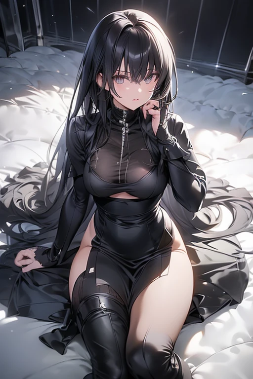 A beautiful girl with long black hair, holding a longsword, wearing an armored dress, large breasts, masterpiece, best quality, (realistic:1.37), (photorealistic:1.37), intricate details, gray eyes, dramatic lighting, cinematic composition