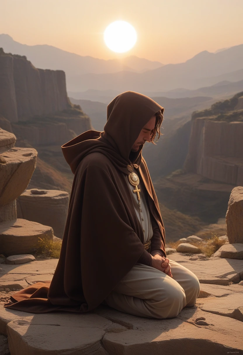 Jedi with their brown cloak, kneeling on rocky ground. He's got his hands clasped together, eyes closed and face turned to the sky. The soft light of the sun illuminates your face, and his expression is one of devotion and hope. Ao fundo, we see the figure of Jesus, also in prayer, radiating a divine light.
This image reminds us that faith transcends borders and connects us to something greater. It represents the search for wisdom, inner strength and hope in difficult times.