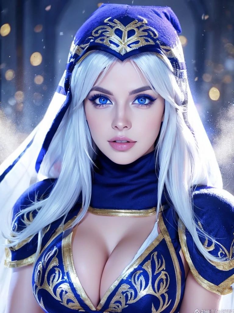 Ashe, white hair, blue eyes, hood, BULKY, big breasts, female, LoL