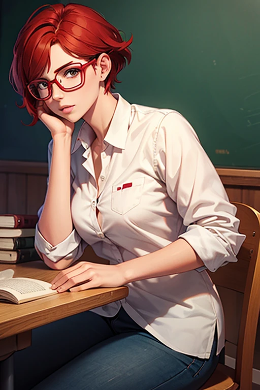 A dedicated student, wear glasses, short red hair